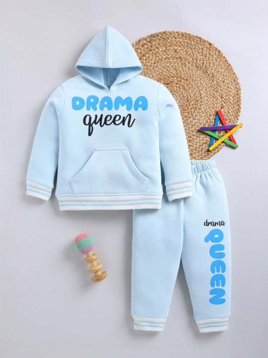 TINYO Girls Printed Hooded Sweatshirt & Joggers Set (Blue, Pack of 1)