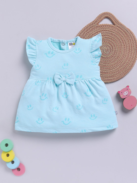 Tinyo Girls Printed A-Line Cotton Blend Dress (Sea Green, Pack Of 1)