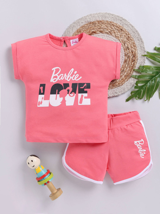 Tinyo Infant Girls Barbie Printed Pure Cotton Top & Shorts Set (Pink, Pack Of 1)