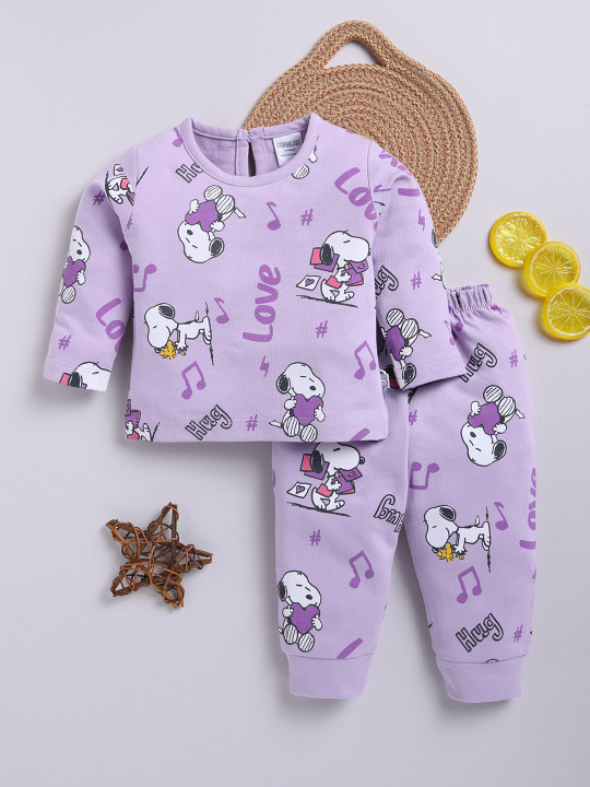 TINYO Infant Girls Peanuts Printed Pure Cotton Clothing Set (Purple, Pack of 1)