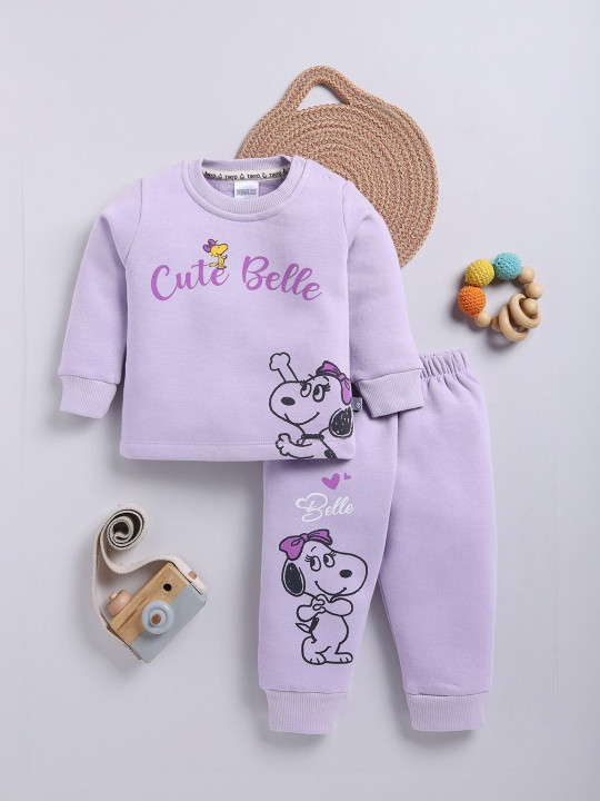 TINYO Infant Girls Peanuts Printed Sweatshirt & Joggers Set (Lavender, Pack of 1)