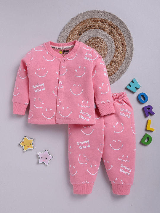 TINYO Infant Girls Smiley World Printed T-shirt & Pyjamas Set (Pink, Pack of 1)