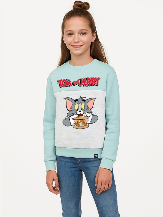 Minute Mirth Girls TOM & JERRY Fleece Colourblocked Sweatshirt (Turquoise Blue, Pack Of 1)