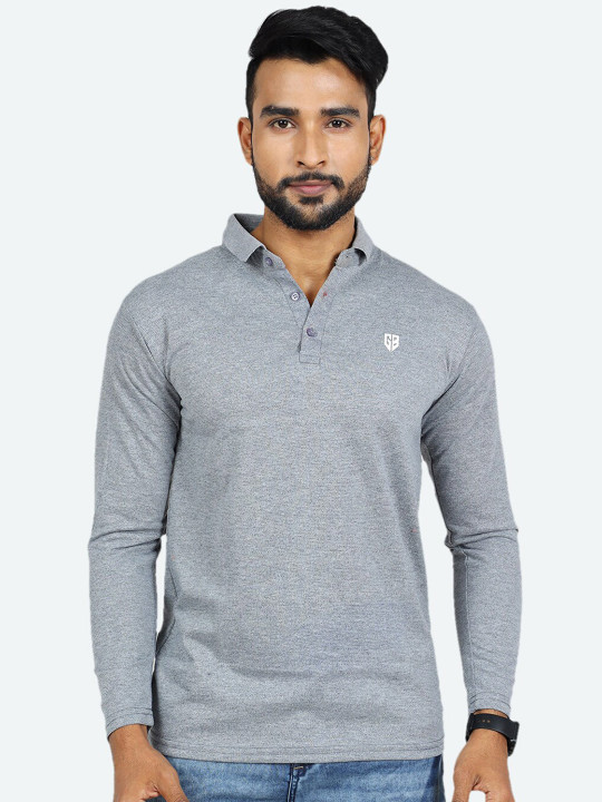 GAME BEGINS Men Solid Polo Collar Long Sleeve Pure Cotton T-Shirt (Grey, Pack of 1)