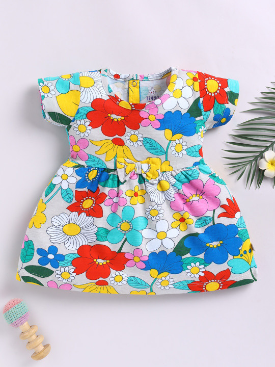 Tinyo Floral Printed Cotton Fit & Flare Dress For Infant Girls (Multicolor, Pack Of 1)