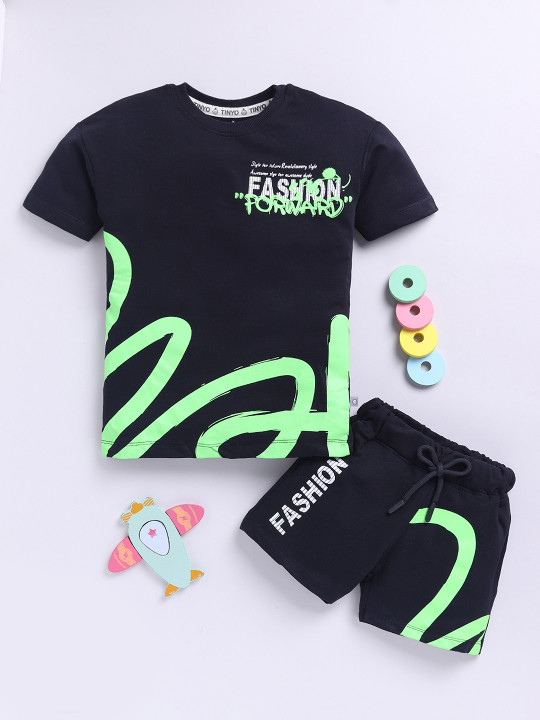Tinyo Printed Pure Cotton T-Shirt & Shorts Set For Boys (Black & Fluorescent Green, Pack Of 1)