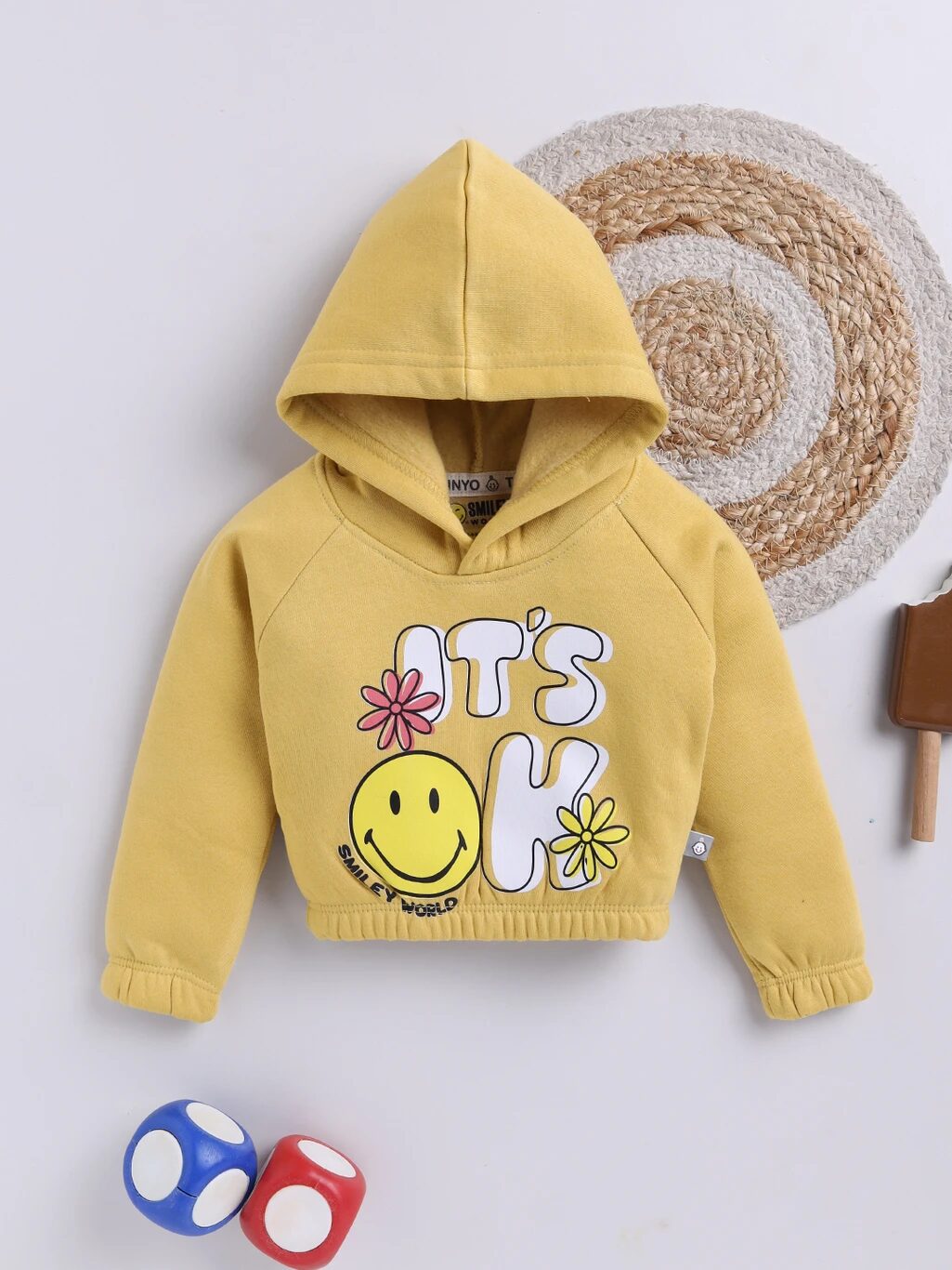 Tinyo Girls Smiley World Fleece Printed Hooded Sweatshirt (YELLOW, Pack Of 1)