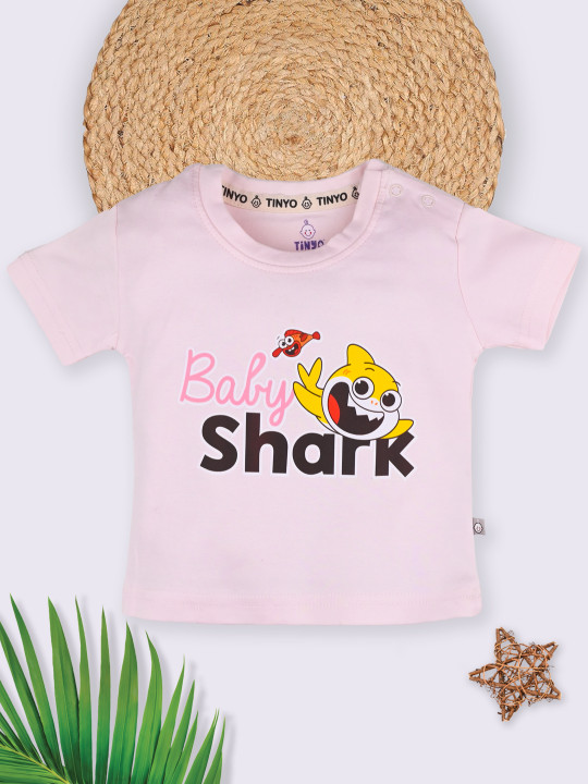 Tinyo Baby Shark Printed Pure Cotton T-Shirt For Infant Boys (Light Pink, Pack Of 1)