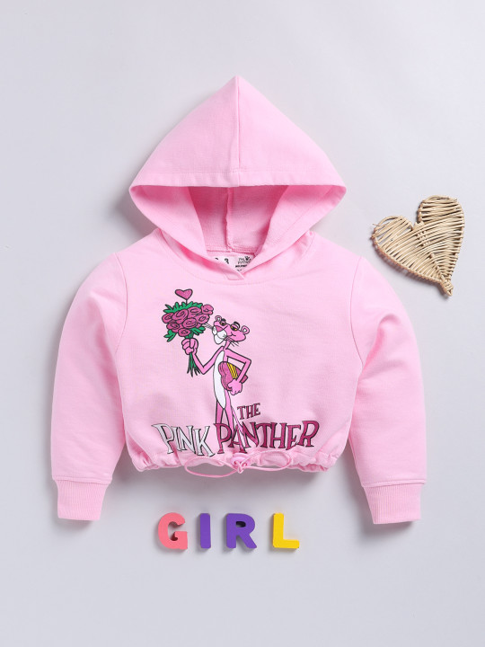 Minute Mirth Girls Pink Panther Printed Hooded Crop Sweatshirt (Pink, Pack of 1)
