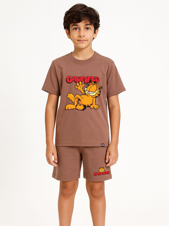 Minute Mirth Boys Garfield Print T-shirt with Shorts Set (Brown, Pack Of 1)