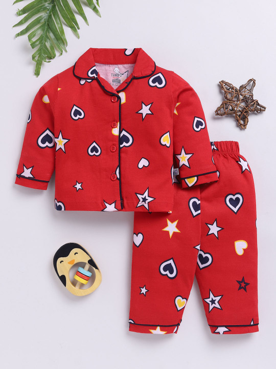Tinyo Graphic Printed Pure Cotton Night Suit For Girls (Red & White, Pack Of 1)