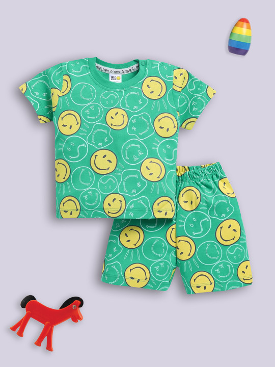 Tinyo Smiley World Printed Pure Cotton T-Shirt & Shorts Set For Infant Boys (Green, Pack Of 1)
