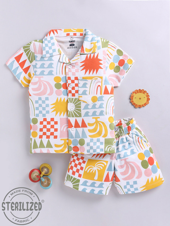 Tinyo Boys Printed Pure Cotton Shirt & Shorts Set (Multicoloured,Pack Of 1)