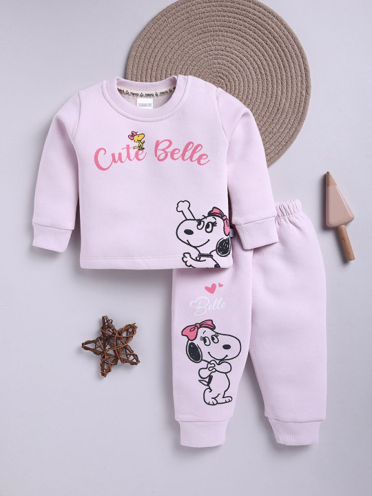 TINYO Infant Girls Peanuts Printed Sweatshirt & Joggers Set (Lavender, Pack of 1)