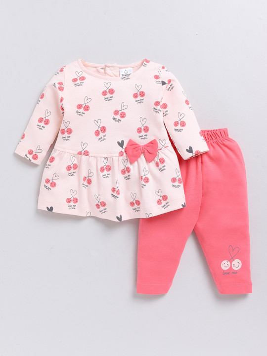 Tinyo Infant Girls Printed Cotton Blend Tunic & Leggings Set (Pink & Coral, Pack Of 1)