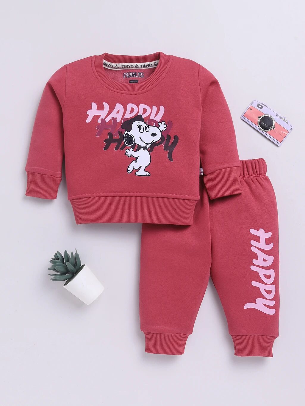 Tinyo Baby Girls Peanuts Fleece Graphic Print Sweatshirt Sweatpant Set (MAROON, Pack of 1)