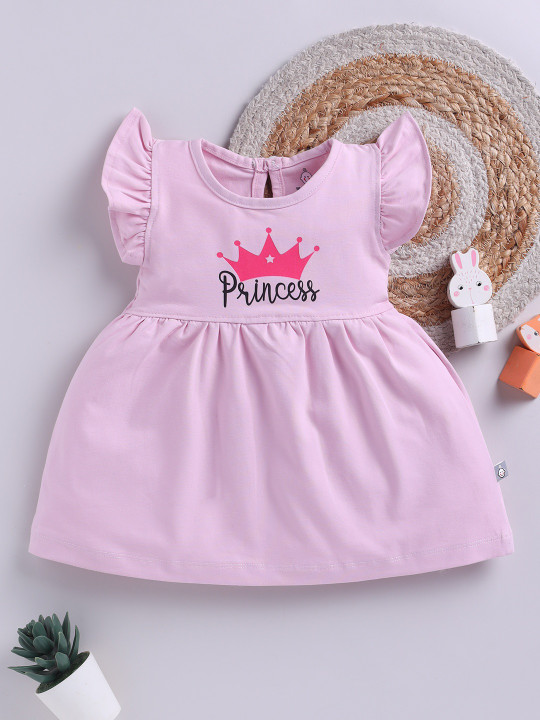 Tinyo Typography Printed Cotton Fit & Flare Dress For Infant Girls (Pink, Pack Of 1)