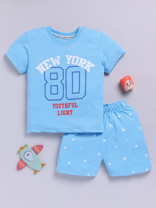 Tinyo Infant Boys Typography Printed Pure Cotton T-Shirt & Shorts Set (Blue, Pack Of 1)