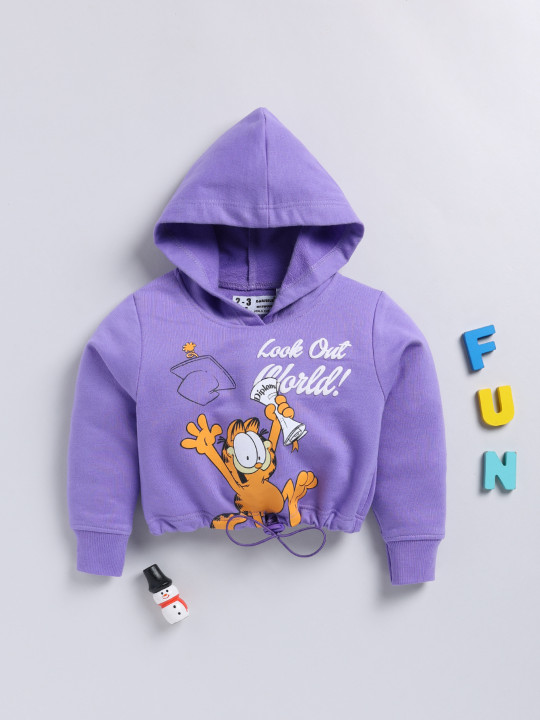 Minute Mirth Girls Garfield Printed Hooded Crop Sweatshirt (Purple, Pack of 1)