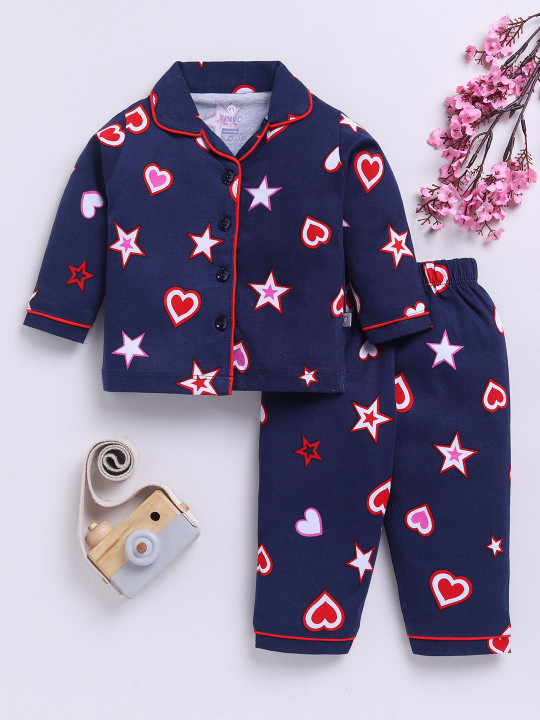 Tinyo Graphic Printed Pure Cotton Night Suit For Girls (Navy Blue, Pack Of 1)