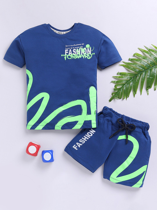 Tinyo Printed Pure Cotton T-Shirt & Shorts Set For Boys (Navy Blue, Pack Of 1)
