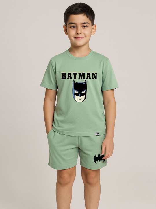 Minute Mirth Boys Batman Print T-shirt with Shorts Set (Green, Pack Of 1)