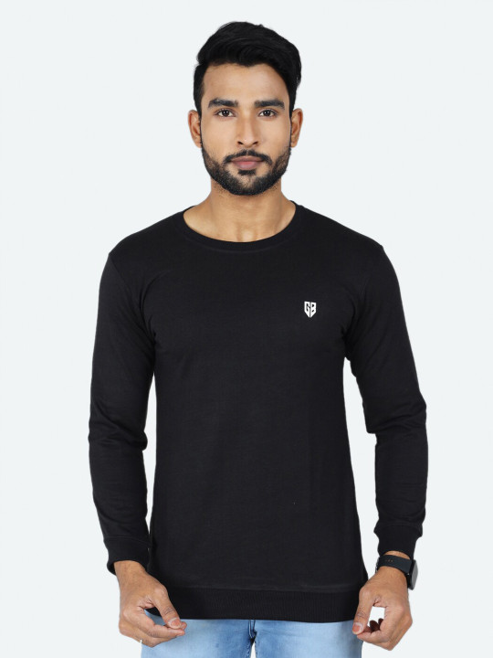 GAME BEGINS Men Round Neck Long Sleeve Fleece Pullover Sweatshirt (Black, Pack of 1)