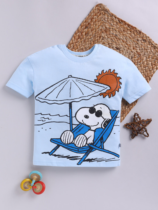 Tinyo Peanuts Printed Cotton T-Shirt For Boys (Blue & White, Pack Of 1)