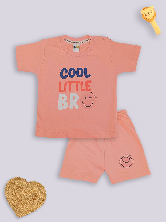 Tinyo Smiley World Printed Pure Cotton T-Shirt & Shorts Set For Infant Boys (Peach, Pack Of 1)