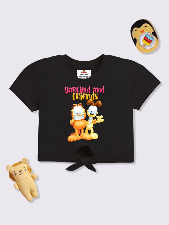 Minute Mirth Girls Garfield Printed T-shirt (Black, Pack of 1)