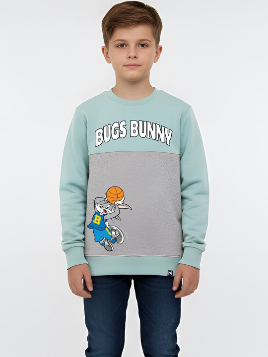 Minute Mirth Boys Bugs Bunny Fleece Colourblocked Sweatshirt (Green, Pack Of 1)