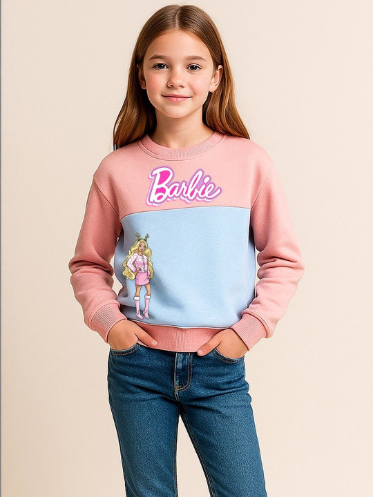 Minute Mirth Girls Barbie Fleece Colourblocked Sweatshirt (Pink, Pack Of 1)