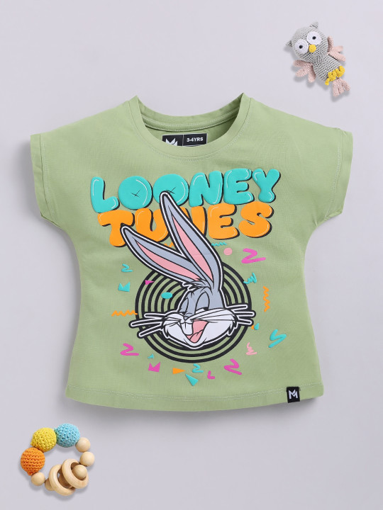 Minute Mirth Girls Looney Tunes Printed Round Neck T-shirt (Green, Pack of 1)