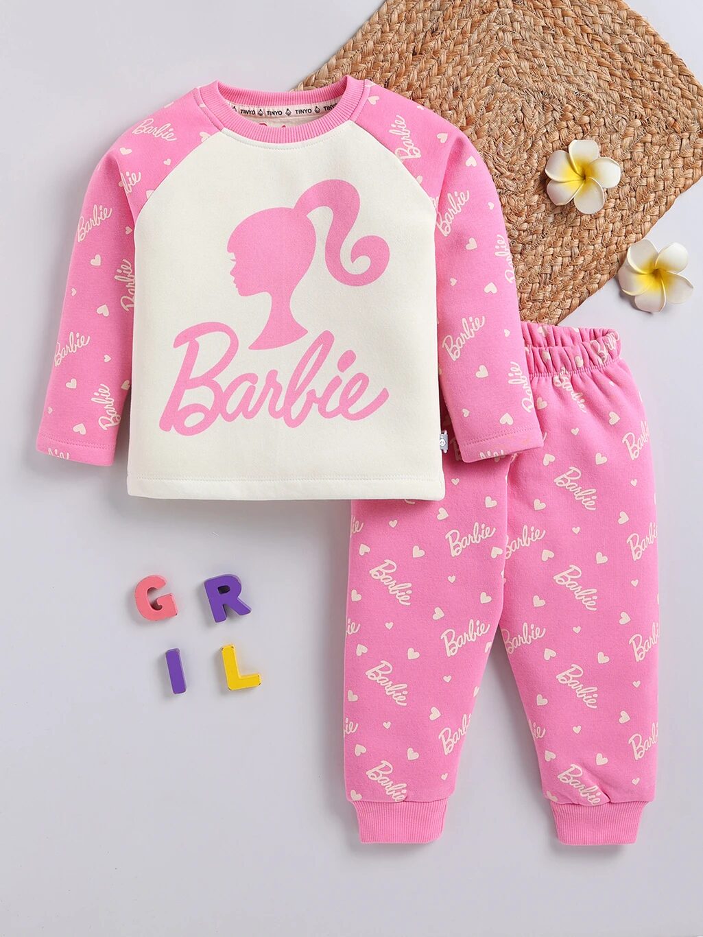 Tinyo Girls Barbie Fleece Printed Sweatshirt With Printed Sweatpant Set (M.PINK, Pack Of 1)