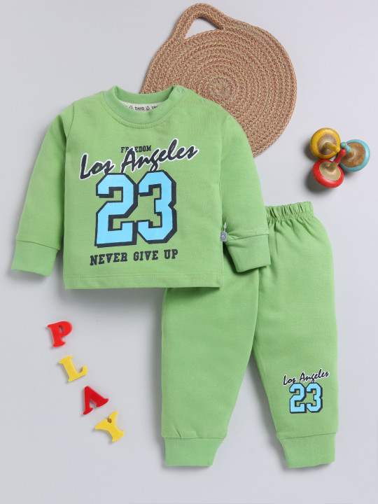 TINYO Infant Boys Varsity Printed Pure Cotton Clothing Set (Green, Pack of 1)