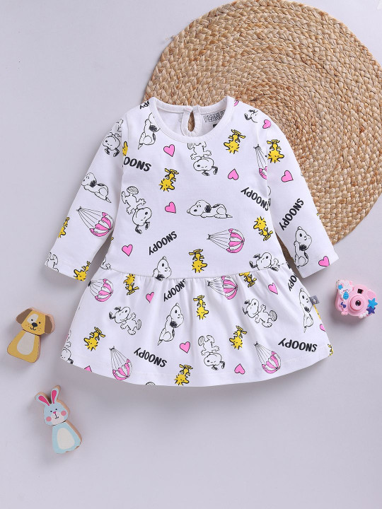 Tinyo Girls Snoopy Graphic Print A-Line Dress (Off White, Pack Of 1)