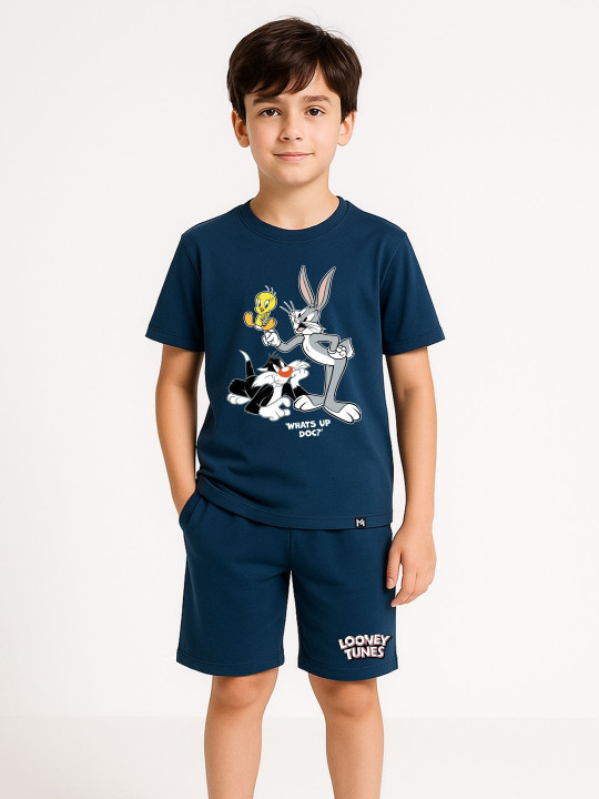 Minute Mirth Boys Looney Tunes Print T-shirt with Shorts Set (Blue, Pack Of 1)