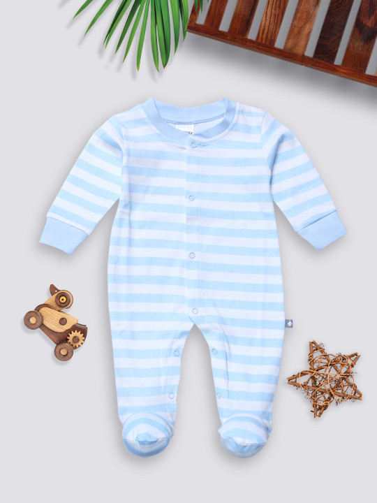 TINYO Infant Girls Striped Cotton Sleepsuit (Blue, Pack of 1)