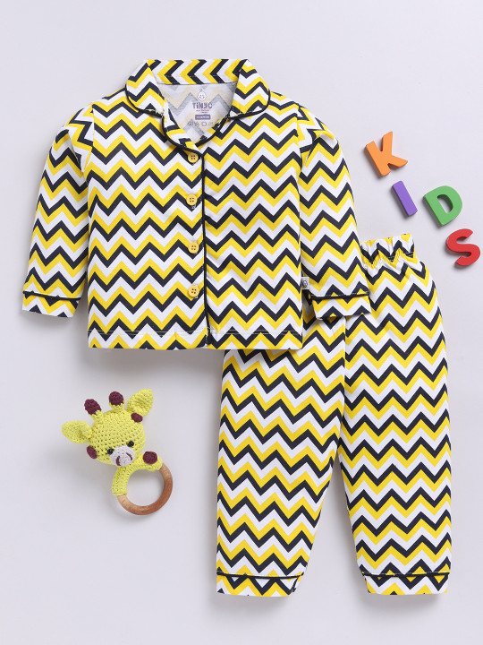 Tinyo Chevron Striped Pure Cotton Night Suit For Boys (Yellow, Pack Of 1)