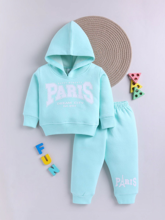 TINYO Infant Girls Printed Hooded Sweatshirt & Joggers Set (Turquoise Blue, Pack of 1)