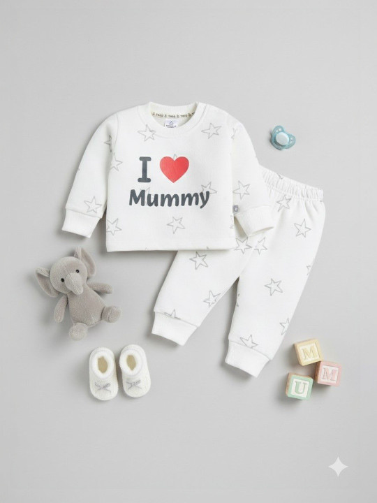 TINYO Infant Girls Printed Sweatshirt & Pyjamas Set (White, Pack of 1)