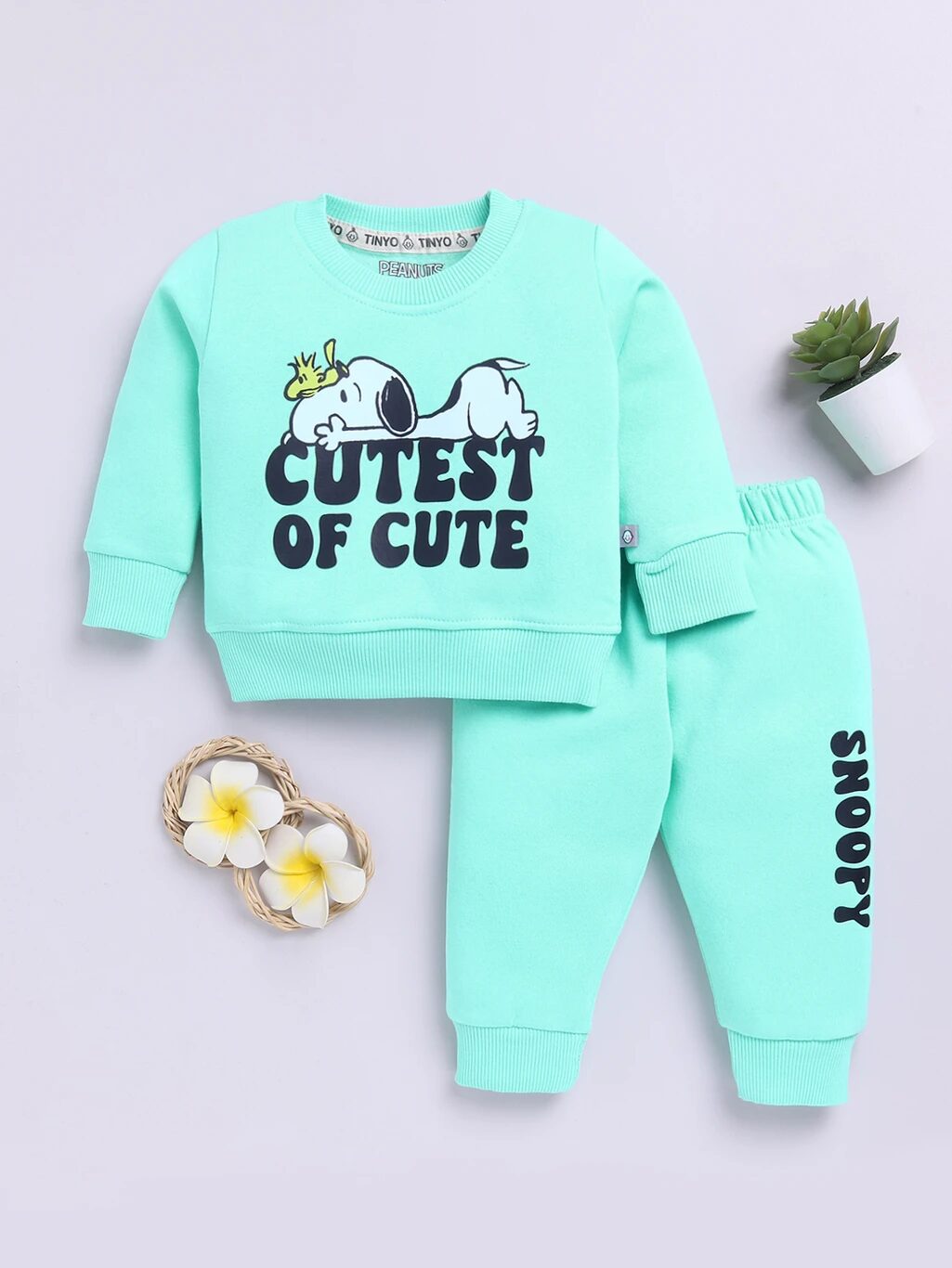Tinyo Boys Peanuts Fleece Graphic Print Sweatshirt Sweatpant Set (GREEN, Pack of 1)