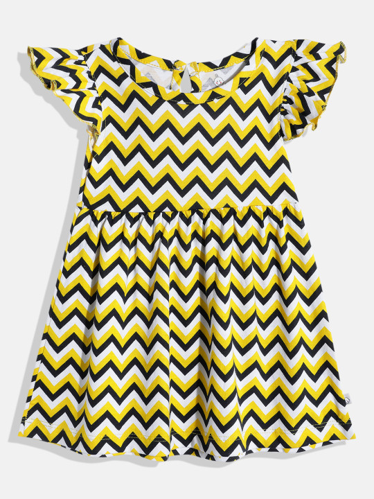 Girls Printed Cotton Fit & Flare Dress with Flutter Sleeves (Yellow & Black, Pack Of 1)