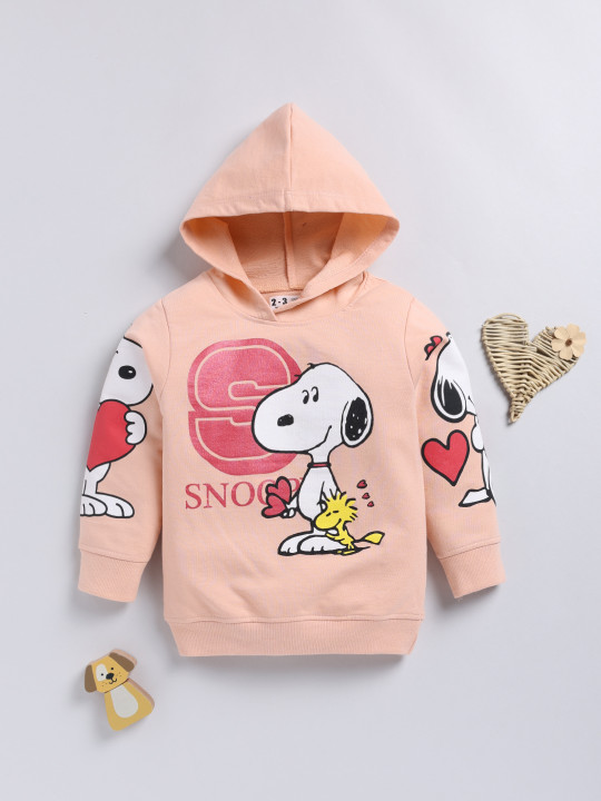 Minute Mirth Girls Peanuts Printed Hooded Sweatshirt (Peach, Pack of 1)