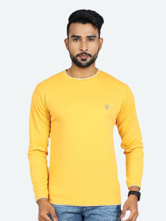 GAME BEGINS Men Solid Long Sleeve Round Neck Cotton T-shirt (Yellow, Pack of 1)