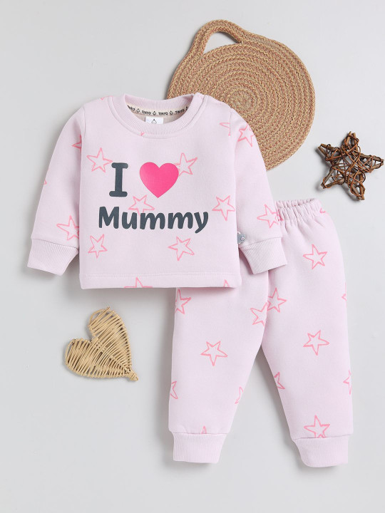 TINYO Infant Girls Printed Sweatshirt & Pyjamas Set (Pink, Pack of 1)
