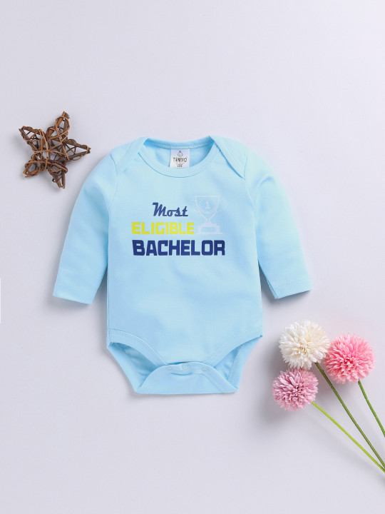 TINYO Infant Girls Typography Printed Cotton Romper (Blue & Yellow, Pack of 1)