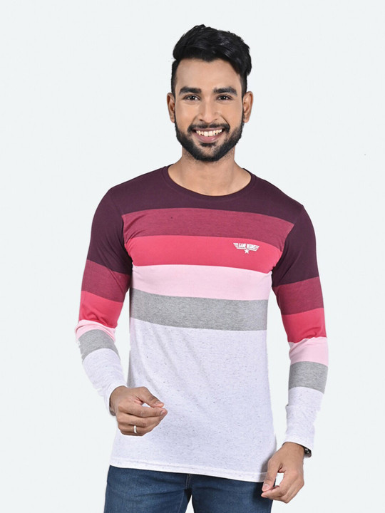 GAME BEGINS Men Striped Round Neck Long Sleeve Pure Cotton T-shirt (Red Pack of 1)