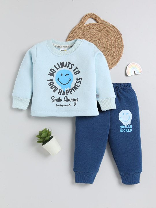 TINYO Infant Boys Smiley World Printed T-shirt with Joggers Set (Blue, Pack of 1)