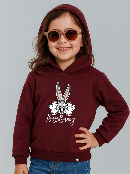 Minute Mirth Girls Looney Tunes Printed Fleece Hooded Sweatshirt (Burgundy, Pack of 1)